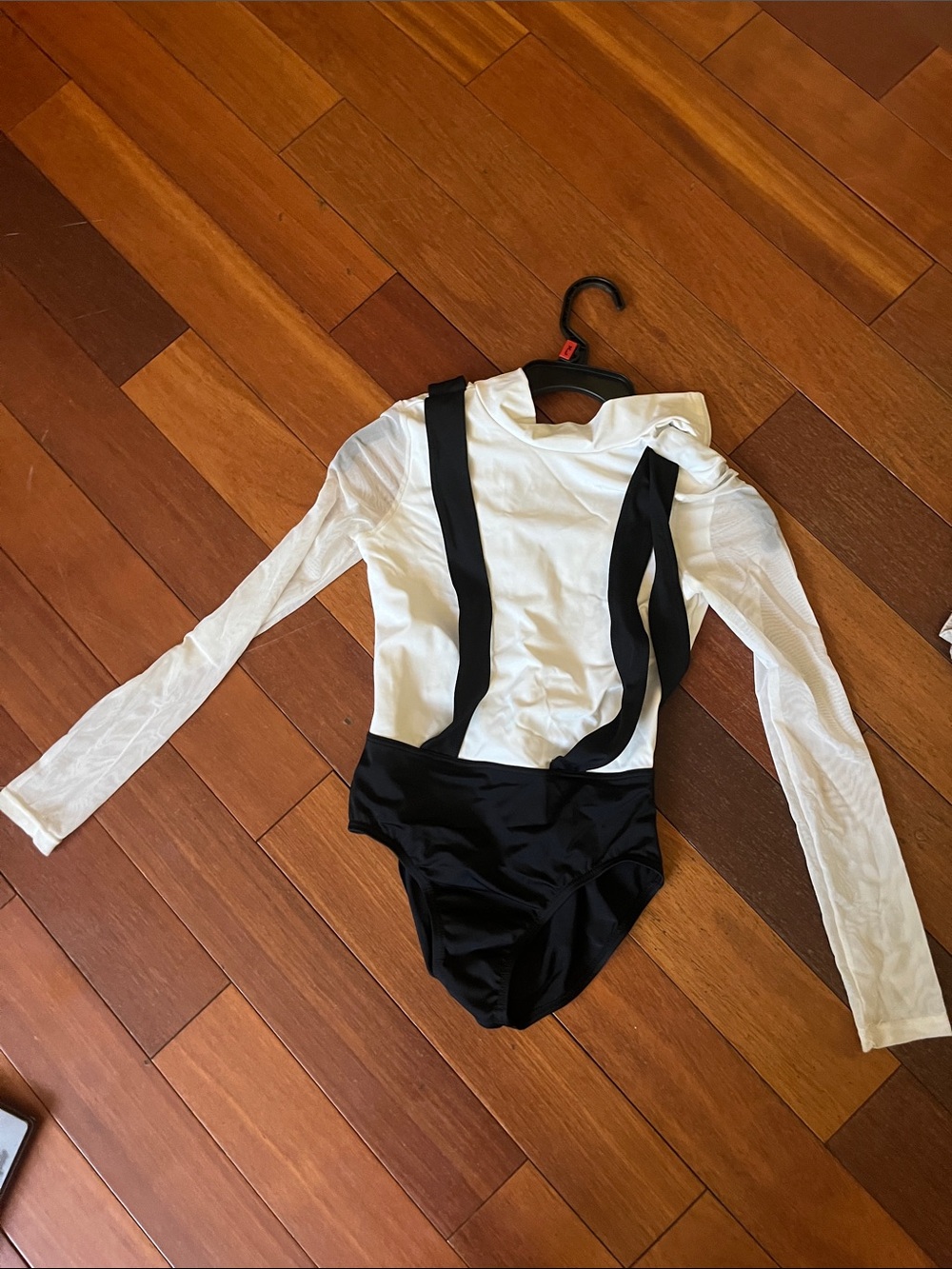Weissman White and Black Long Sleeve Dance Leotard with Suspenders